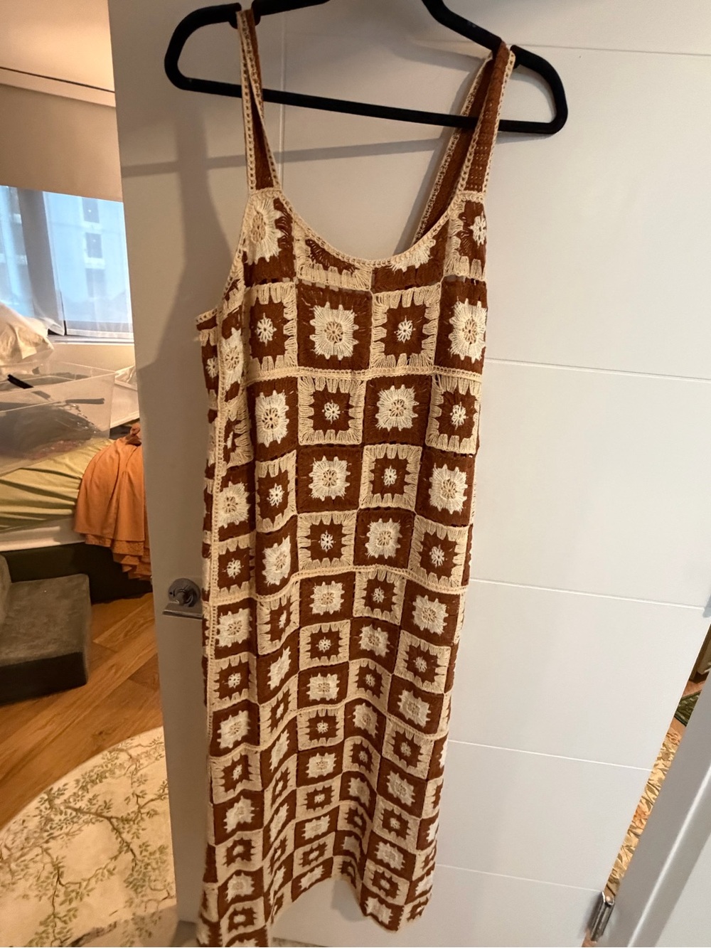 Solitaire Crochet Midi Dress in Cream and Brown